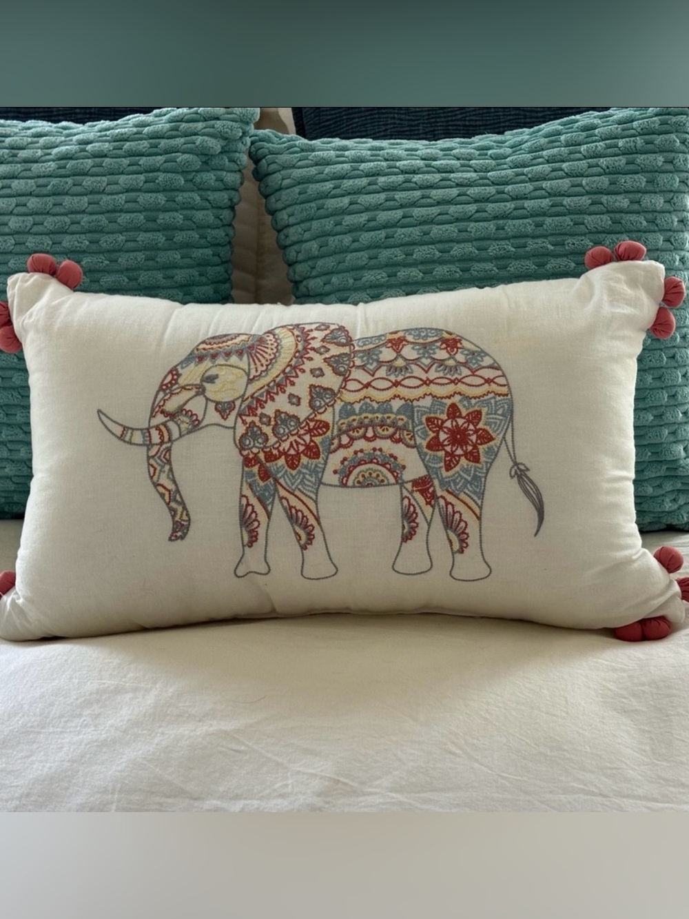 Boho EMB Elephant Patchwork Lumbar artsy accent pillow pom Pom’s 12X18 Like New